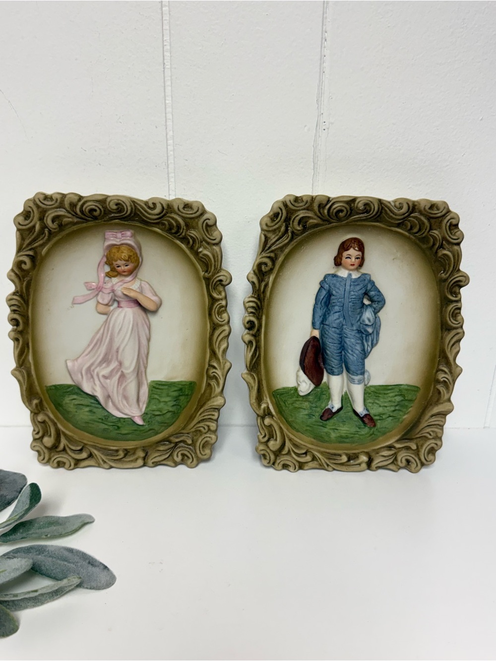 Vintage Mid-Century Lego Bisque Porcelain Blue Boy & Pinkie 3D Wall Plaque Set